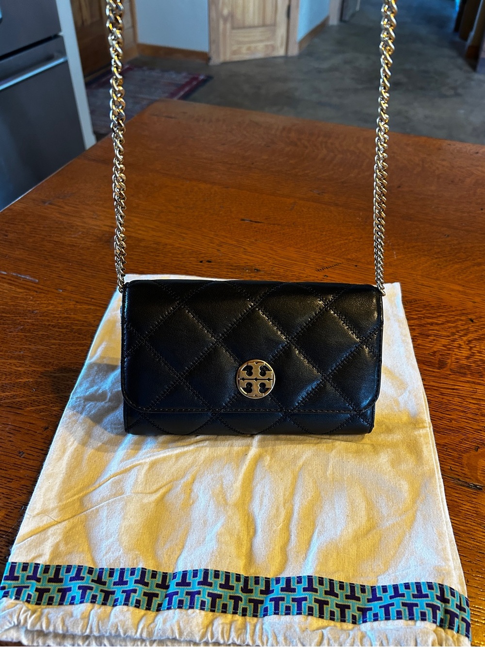 Tory Burch Black, Willa Chain Wallet with Gold Chain